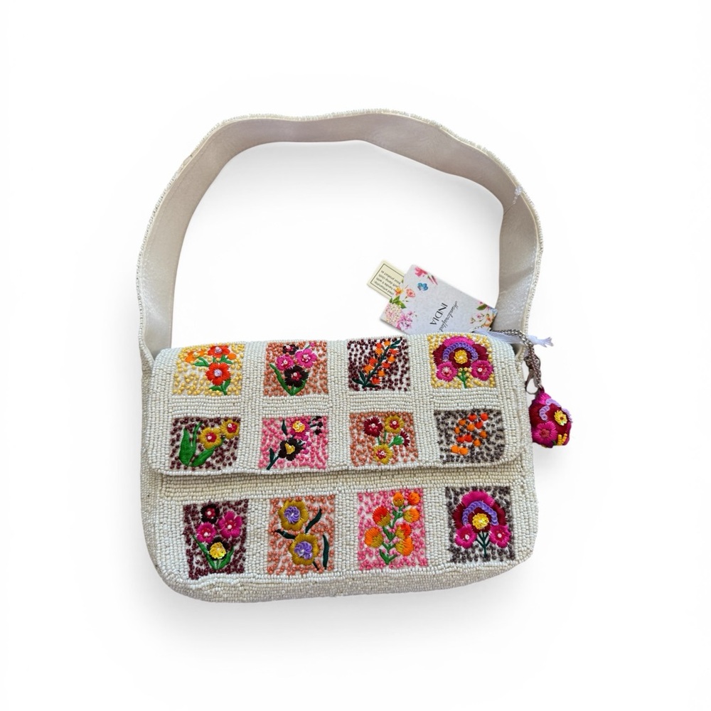 Beaded Floral White Shoulder Bag